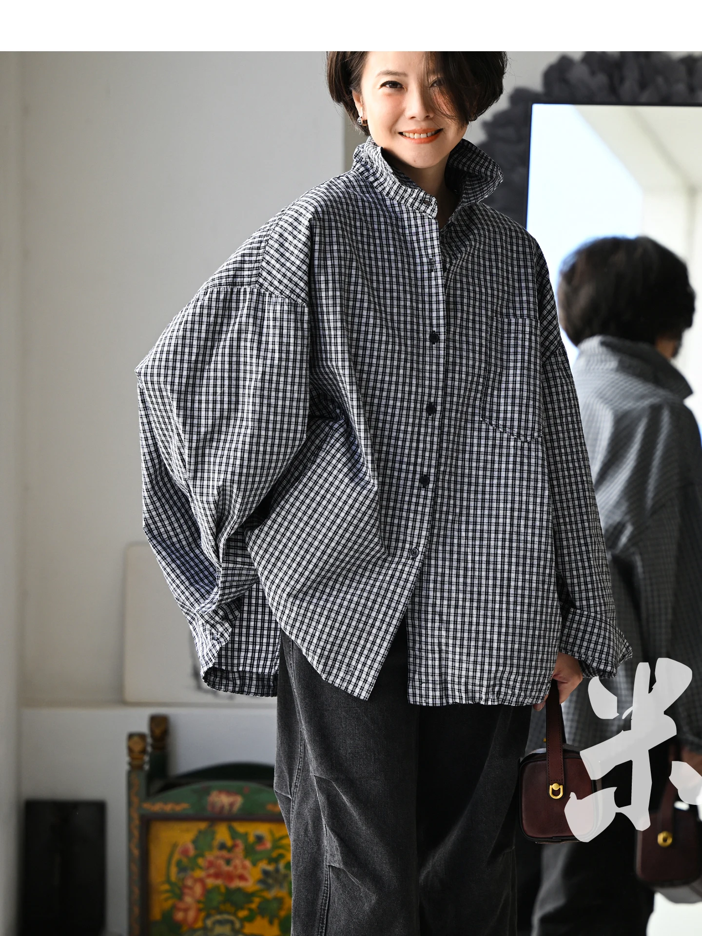 

Artistic Casual Loose Fit Pure Cotton Black White Plaid Women's Shirt Spring 2026 New Arrival Comfortable Breathable Long Sleeve