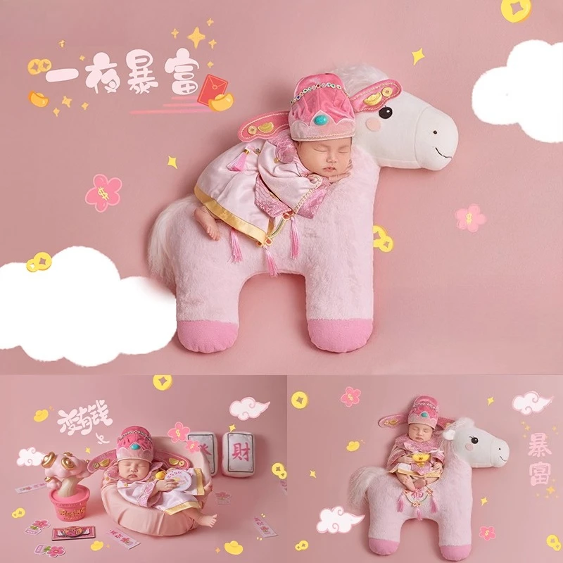

Chinese New Year Newborn Photography Props Horse Year Doll with Traditional Outfit Spring Festival Pink Floral for Photoshoot
