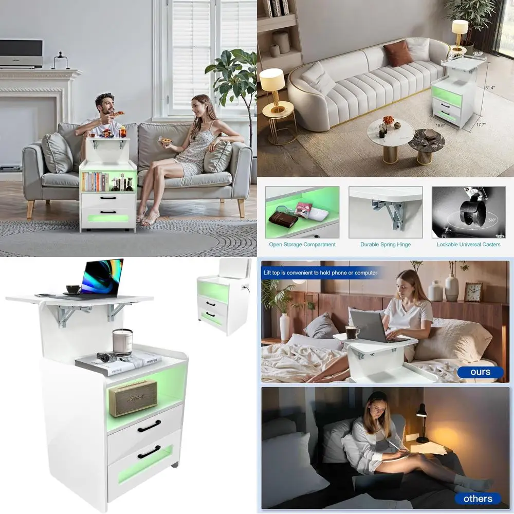 

Adjustable Laptop Desk Nightstand with Storage, LED Lighting, Power Outlet, USB-C, and Hidden Wheels for Bedroom