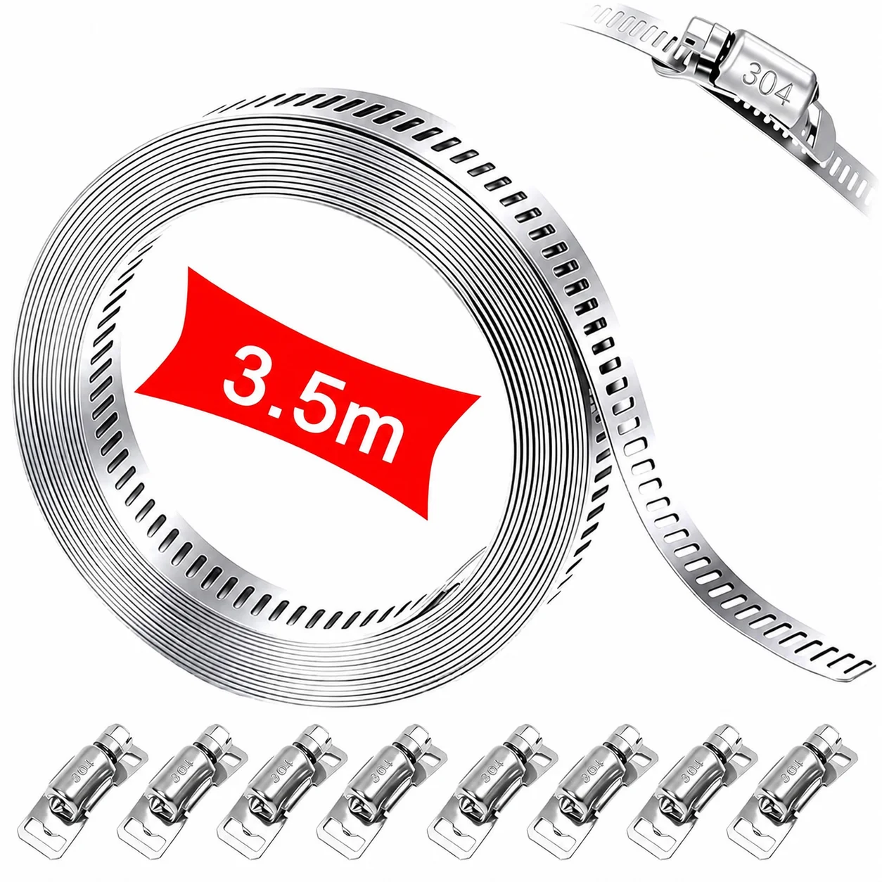 304 Stainless Steel Hose Clamp Assortment Kit DIY Cut-To-Fit 3.5m Metal Strap+8 Stronger Fasteners Large Adjustable Worm Gear