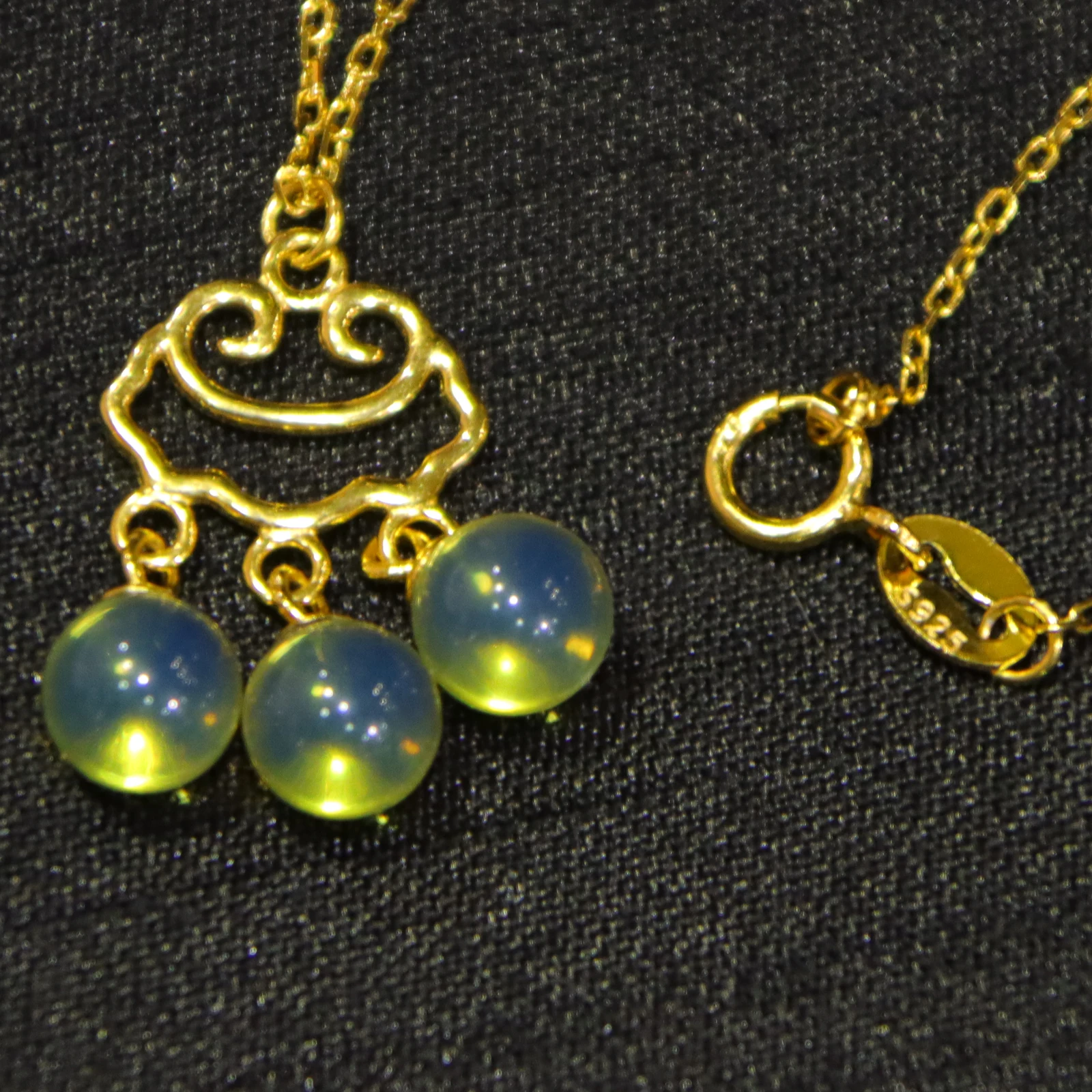 Pure Silver Inlaid Natural Mexican Blue Amber Ruyi Pendant with 5mm Bead and Sterling Silver Necklace