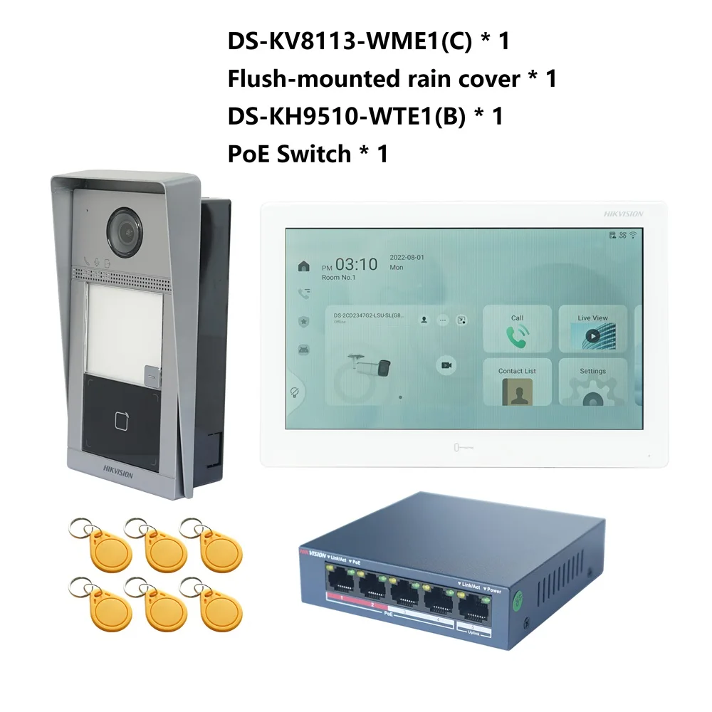 HIKVISION Multi-language 802.3af POE Video intercom KIT,include DS-KV8113-WME1(C) & DS-KH9510-WTE1(B) & PoE Switch
