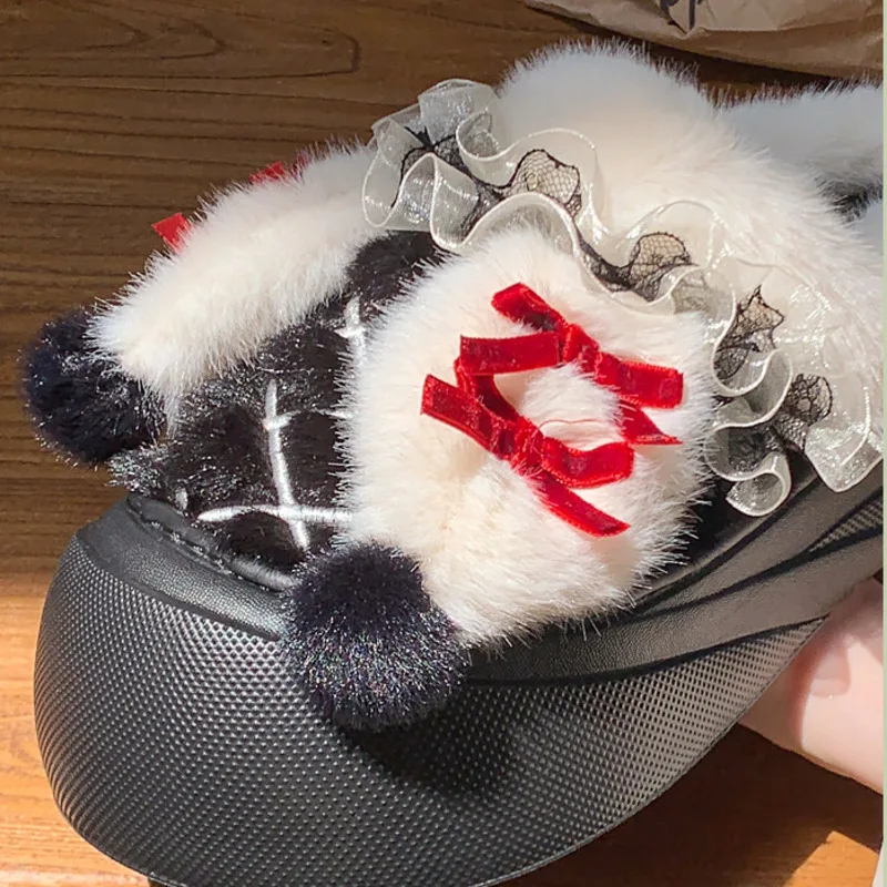 Furry Bow Women Slippers Fashion Ruffles Plush Warm Female Home Shoes Winter Soft Bottom Woman Indoor Slippers