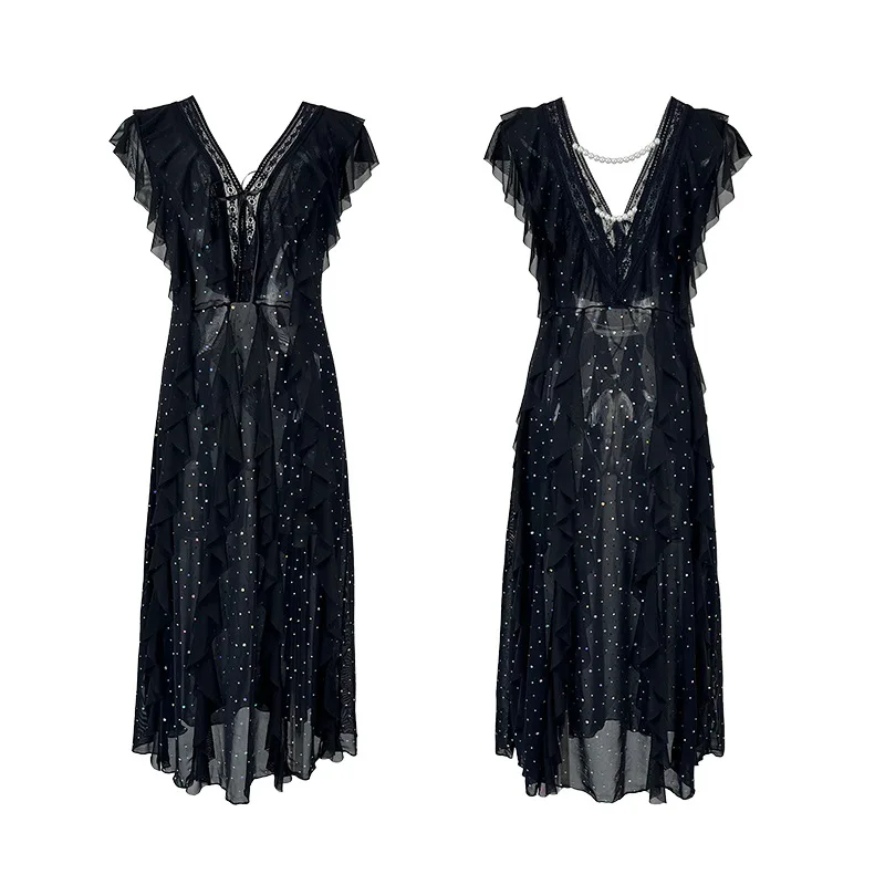 Women Black Sparkle Mesh Maxi Dress Ruffle Sleeve Deep V Neck Pearl Back Ruffled Layered Hem See Through Loungewear Slip AY72
