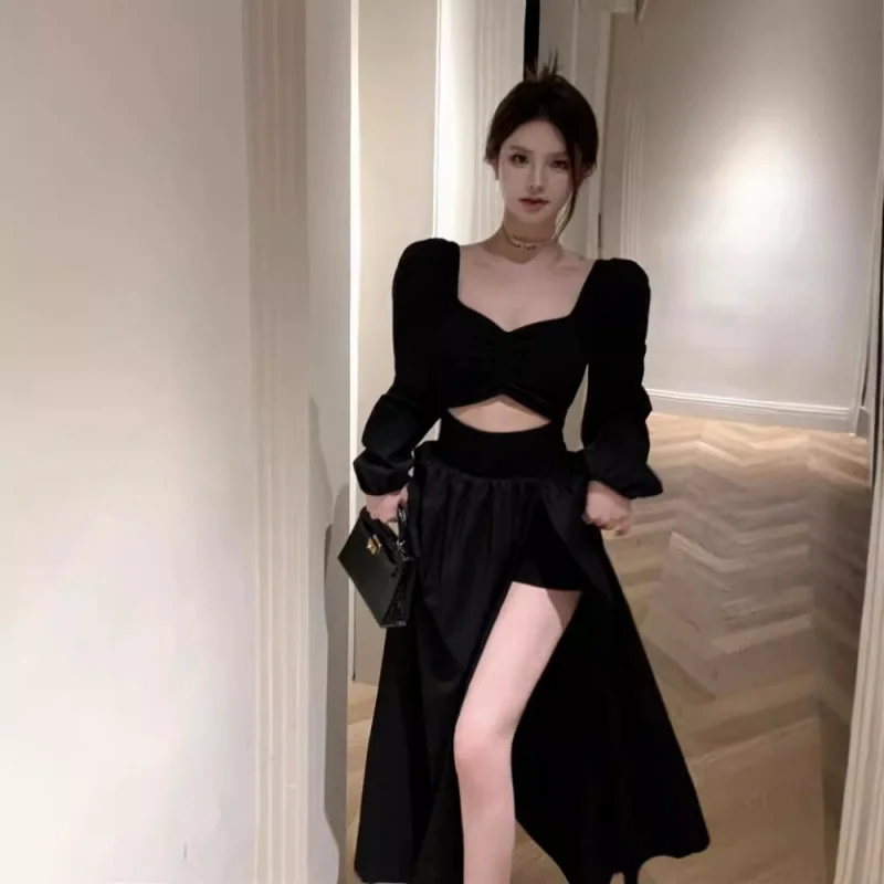 

Высококачественное маленькое черное платье во французском стиле с квадратным вырезом и пышными рукавами для женщин, элегантное платье в стиле Хепберн ранней осени