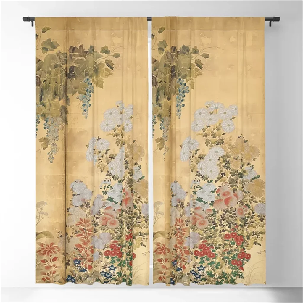 

Japanese Edo Period Six Panel Gold Leaf Screen White And Red Chrysanthemum Curtains Living Room Bedroom Window Decor Curtains