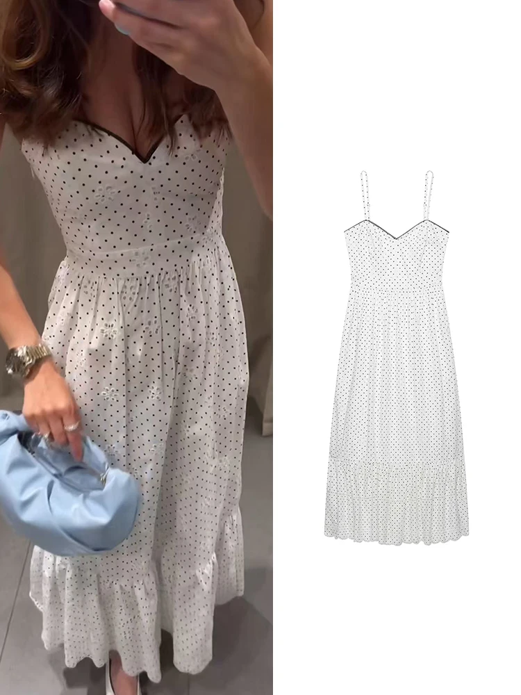 TFMLN Sommerkleid mit elegantem Polka-Dot-Print für Damen, Strandkleid mit Trägern, lang, figurbetont, Stickerei, ausgehöhlt, modisches Damen-Outfit