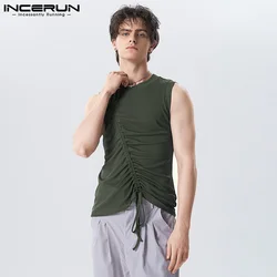 INCERUN Tops 2023 Handsome New Mens Pleated Design Solid All-match Vests Casual Male Comfortable Knitted O-neck Waistcoat S-5XL