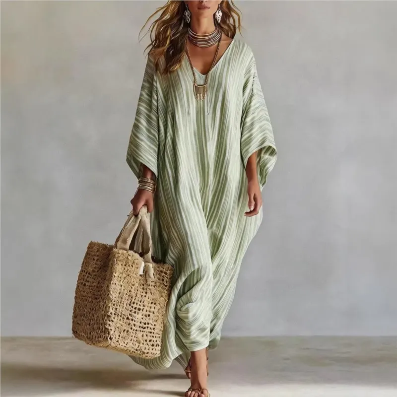 

Y2K Elegant Stripe Printed Dress Women's Spring Autumn Fashion V-neck Loose Bat Sleeve Dresses Ladies Foreign Style StreetWear