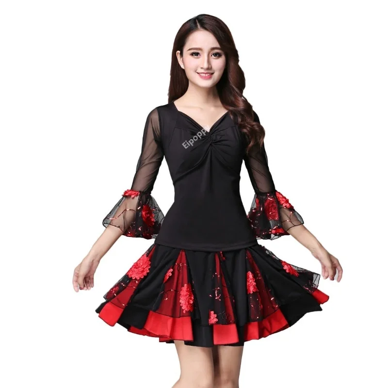 Ballroom Dance Costume Tops Flamenco Blouses Standard Modern Outfits Waltz Latin Salsa Rumba Dancewear Tops Long Sleeves