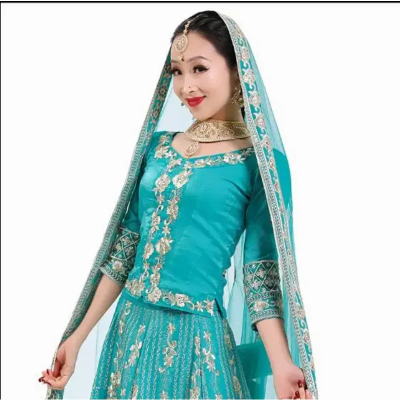 Women's Indian Dance Costumes Embroidered Lengha Stage Green Suit