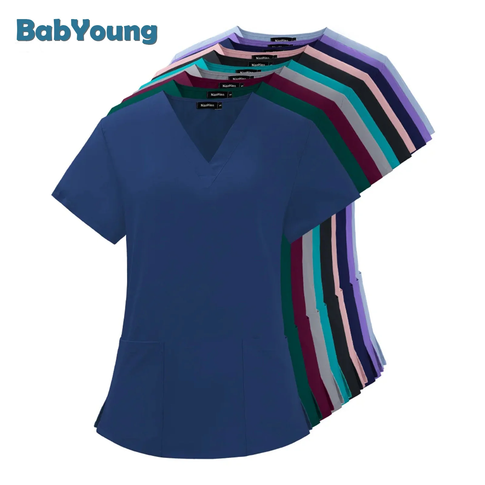 New Elasticity High Quality Summer Nursing Tops Short Sleeve Women Medical Scrubs Uniforms Nurse V-Neck Pocket