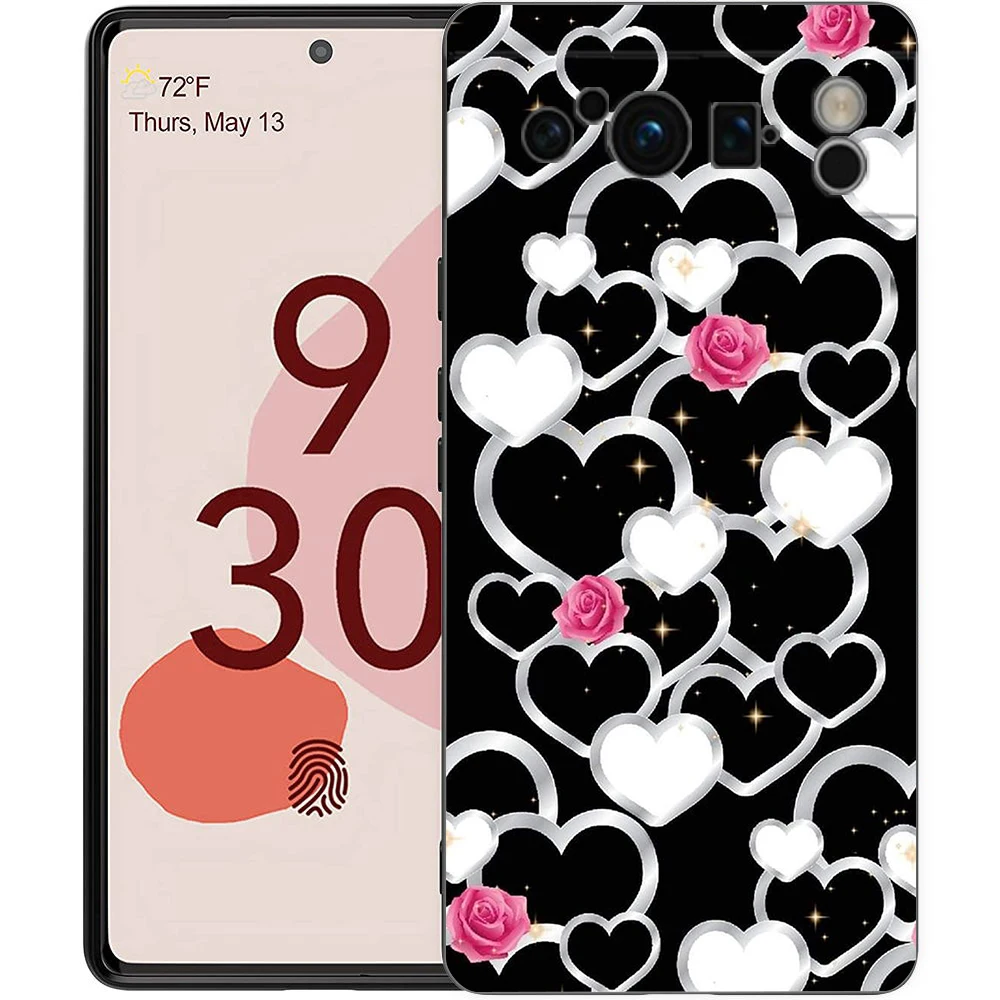 Phone Case For Google Pixel 9 8 8A 7 7A 6 Pro XL 6A 5G Black Soft Shockproof Back Cover TPU Shell Gold Rose Love Heart