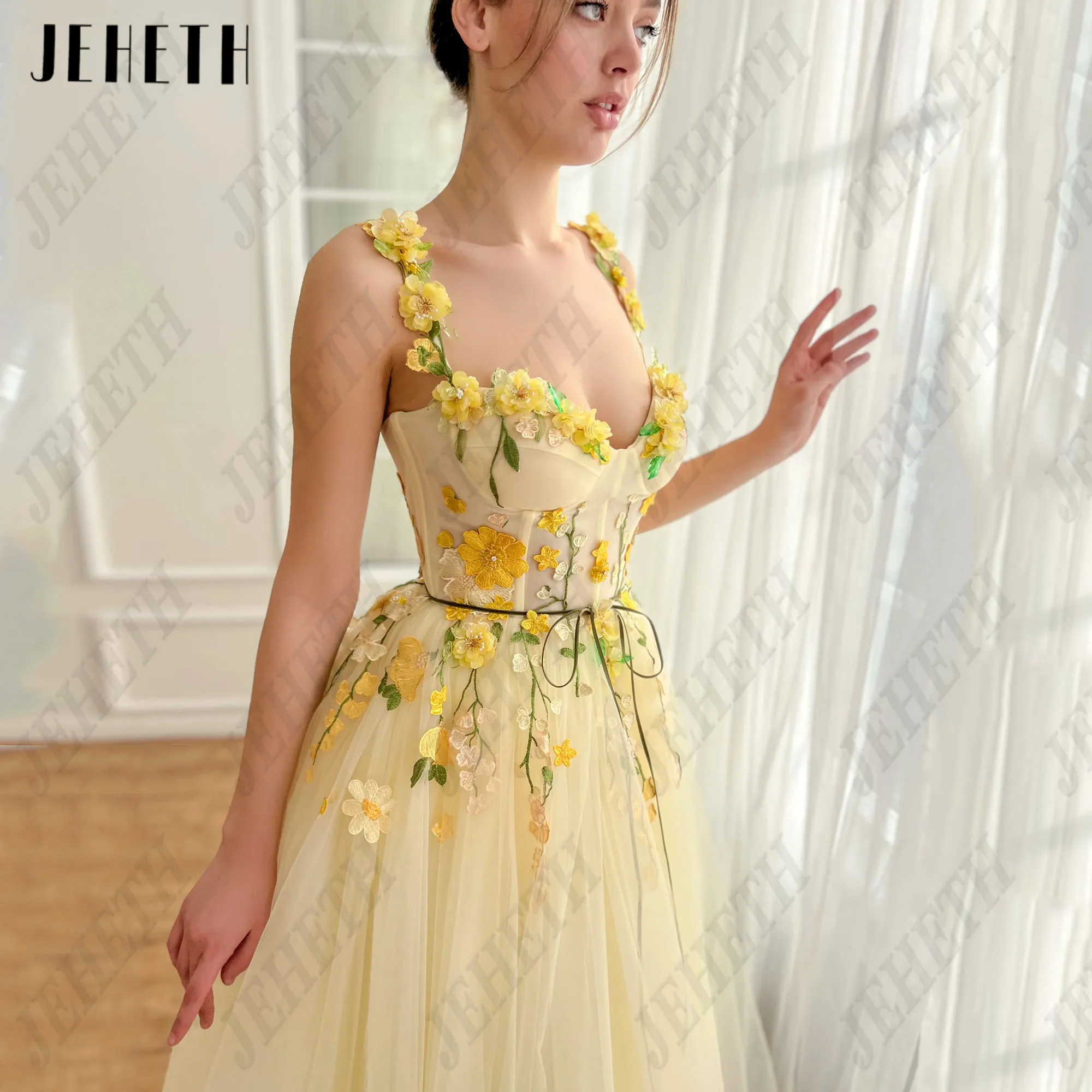 JEHETH Prom Party Gowns Sweetheart Spaghetti Straps A-Line 3D Flowers Ankle Length Sleeveless Tulle Formal Occasions Dress