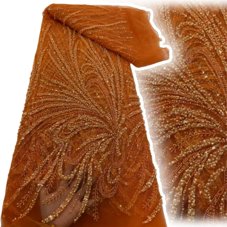 

Африканская тяжелая кружевная ткань с бисером, 2024, свадебный материал, ткань высокого качества, французский тюль с блестками, кружево для свадебного платья T1692