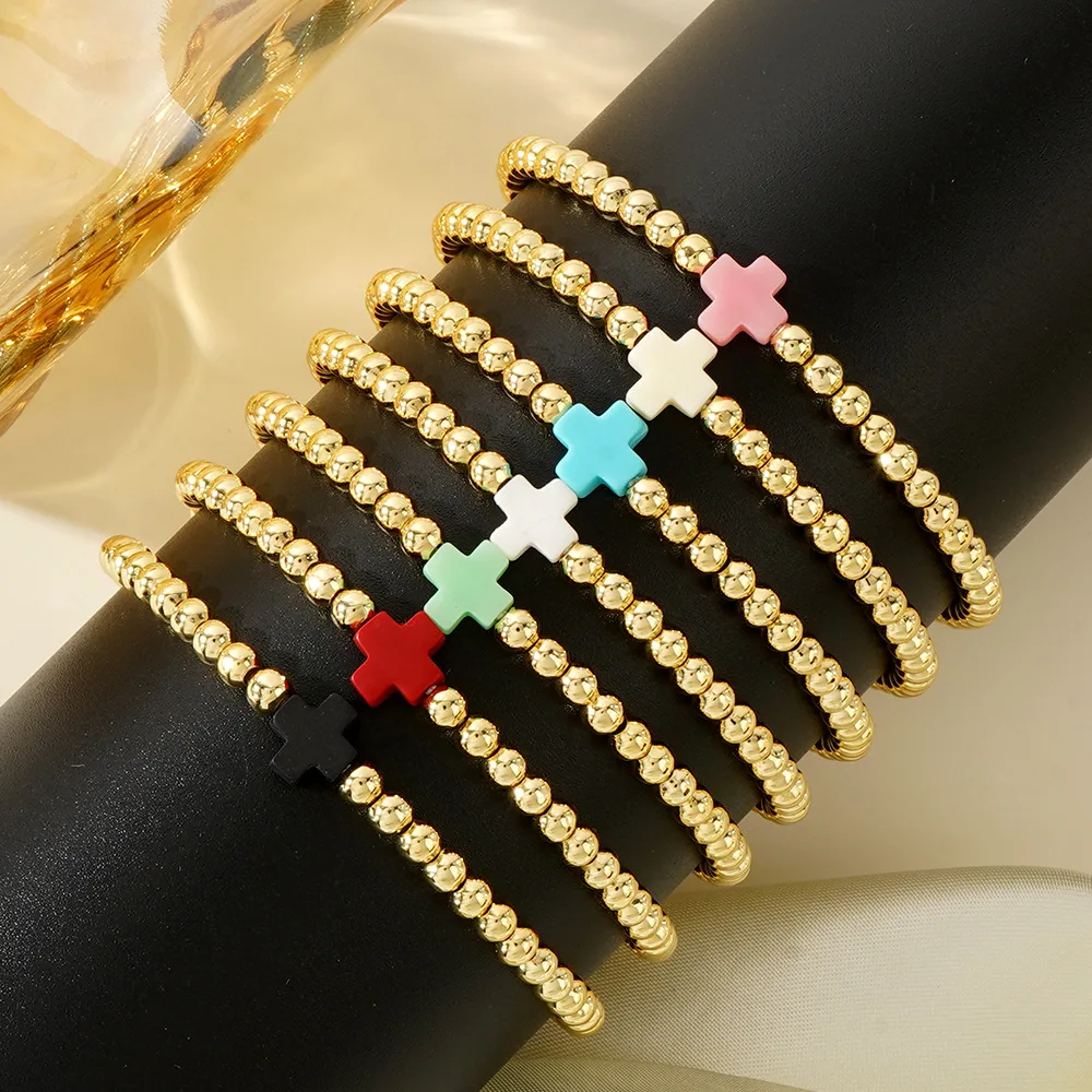 1PC Bohemian style women\'s bracelet with colorful cross copper beads and bead beads, suitable for layering and daily gift giving