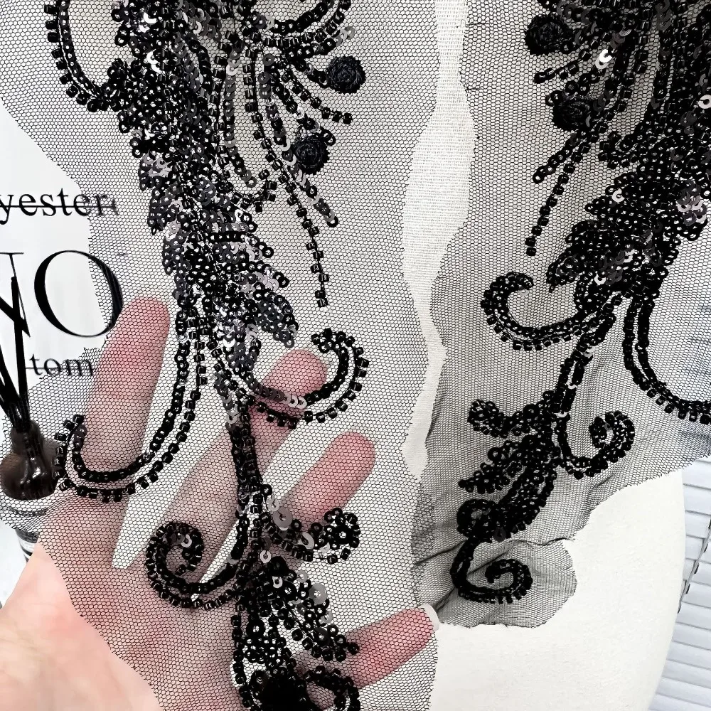 1Pair Beaded Sequined Lace Embroidery Cloth Sticker Wedding Dress Clothing Sewing Applique Flower Handmade Flower Patch DIY