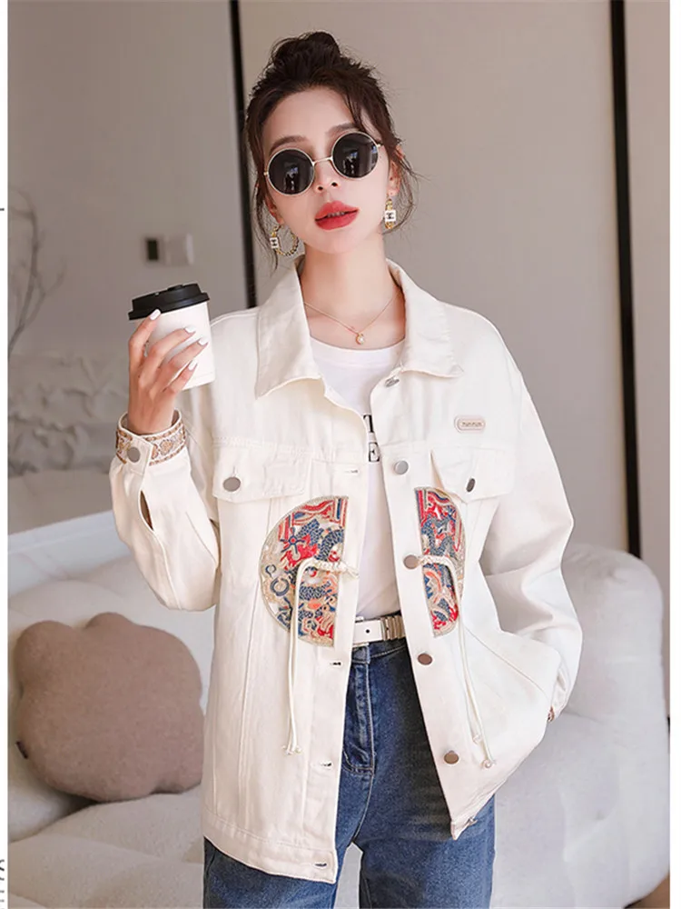 

New Spring Autumn Chinese Style Embroidery Denim Jacket Female Clothes Dial Buckle Casual Women Outwear Cowboy Tang Suit Coat