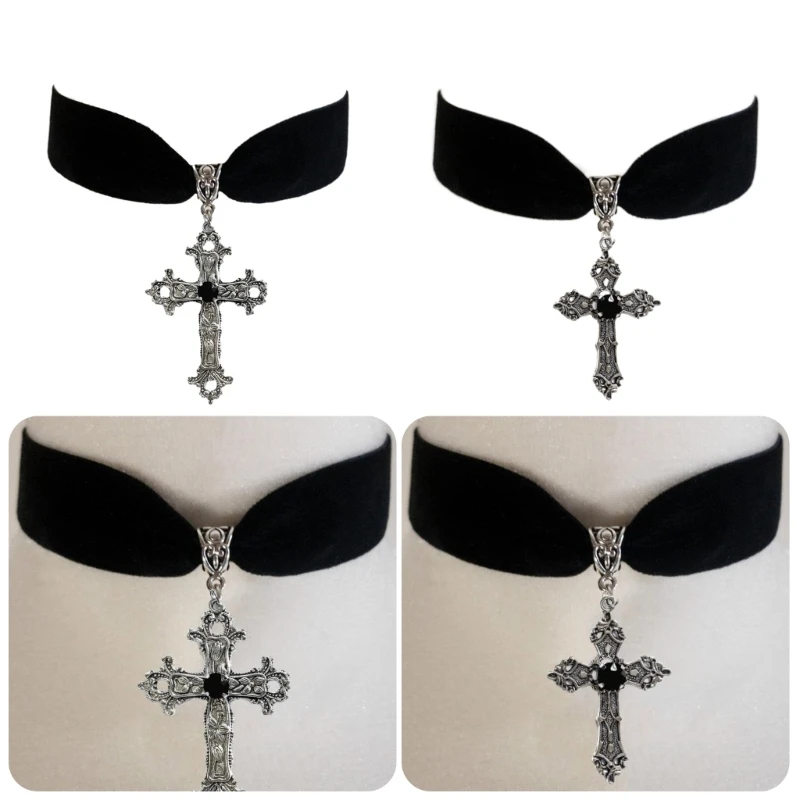 Unique  Pendant Necklace Gothic Vintage Style Black Velvets Crucifix Choker Halloween Witch Jewelry Accessory Dropship