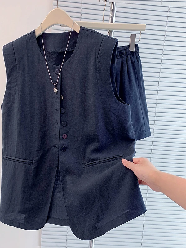 カジュアルでおしゃれなレディース綿混ノースリーブベストと伸縮性のあるショートパンツのセット、ラウンドネックのツーピーススーツ、サマーコレクション