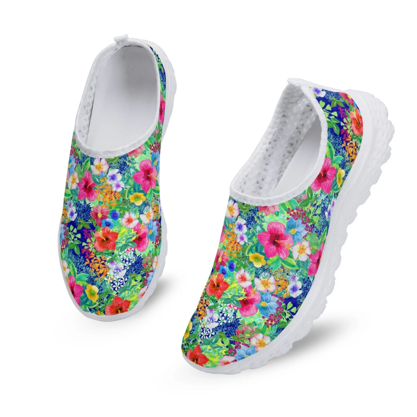 Pretty Tropical Flower Printing Women Flat Shoes Summer Breathable Slip-on Mesh Sneakers Lightweight Loafers Zapatos