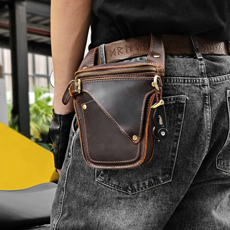 Men's Genuine Leather Waist Bag Portable Mobile Phone Bag Cowhide Outdoor Cellphone Holster Crazy Horse Leather Crossbody Bag