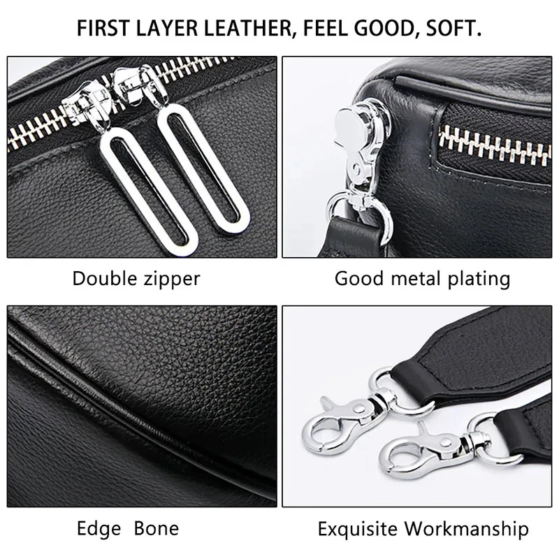 High Quality Genuine Leather Zipper Shoulder Bag  Adjustable Strap Fashion Versatile Female  Large Capacity Waist Bag