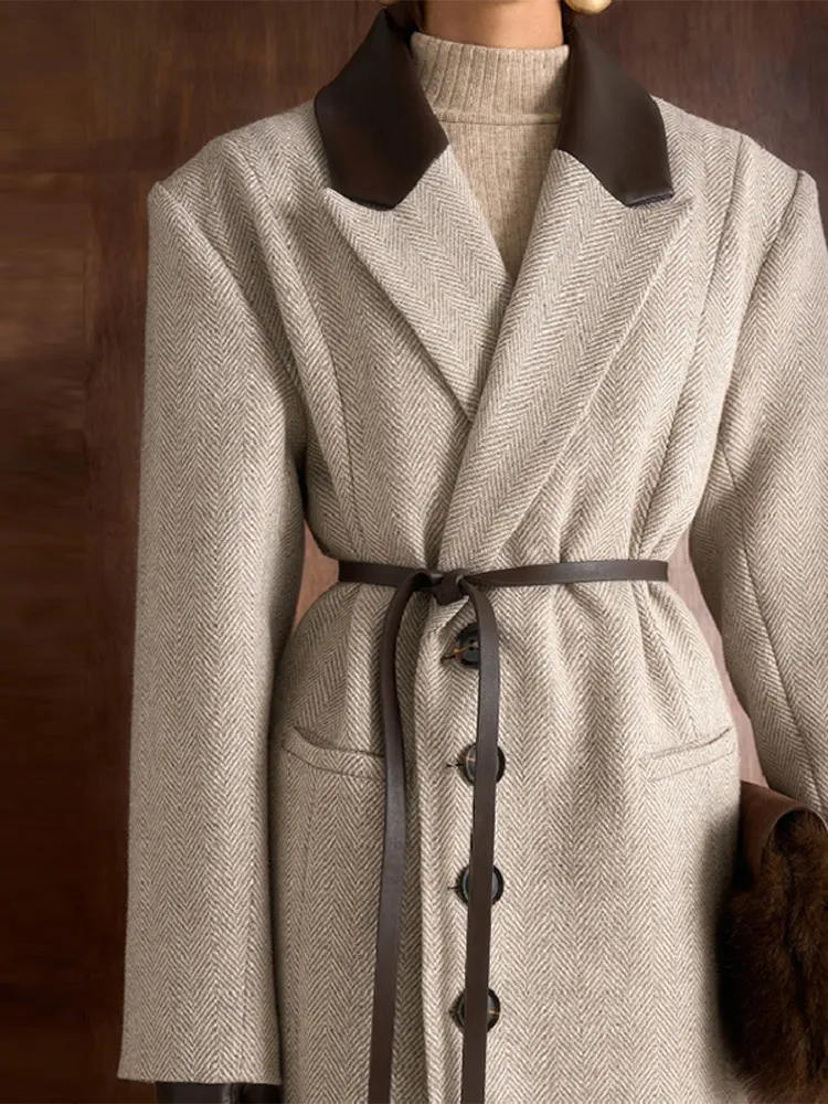 Moda cintura cinching casaco longo de lã para mulheres lapela manga longa casaco único breasted com cinto nova senhora commuter outwears