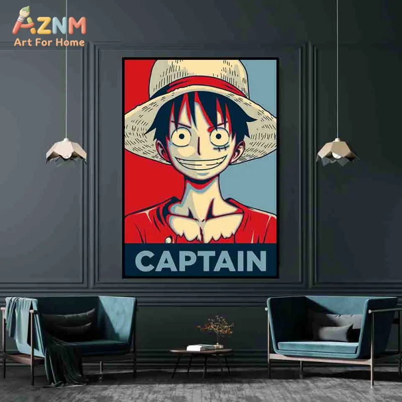AZNM One Piece Monkey D Luffy Captain Pop Art Anime Frameless Canvas Wall Art, Retro Minimalist Manga Home Living Room Decor Pai