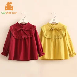 2025 Spring Autumn 2 3 4 5 6 7 8 9 10 Years Children Long Sleeve Bow Sweet Solid Cotton Blouses Shirts For Kids Baby Girls