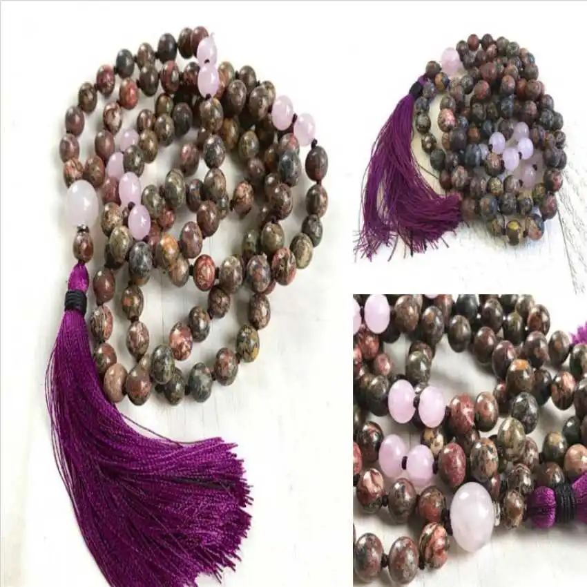 Rose Quartz Violet Tassels 108 Beads Necklace Natural Peace Prayer Tranquility Men 8mm Gemstone Meditation Teenagers Religious