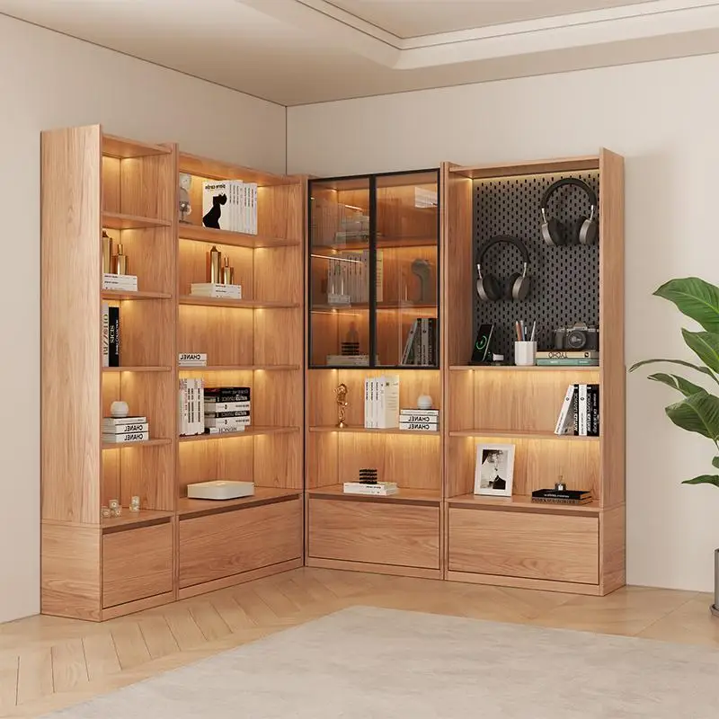 Solid wood custom modular bookshelf integrated glass floor-standing display cabinet, modern minimalist living room storage cabin