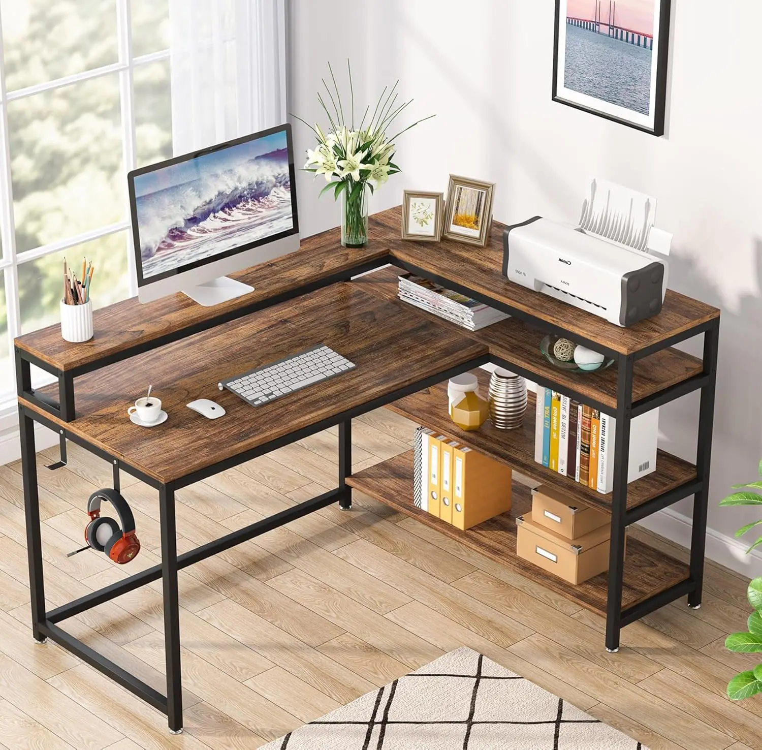 Reversible L Shaped Computer Desk with Storage Shelf, Industrial 53 Inch Corner Desk with Shelves and Monitor Stand