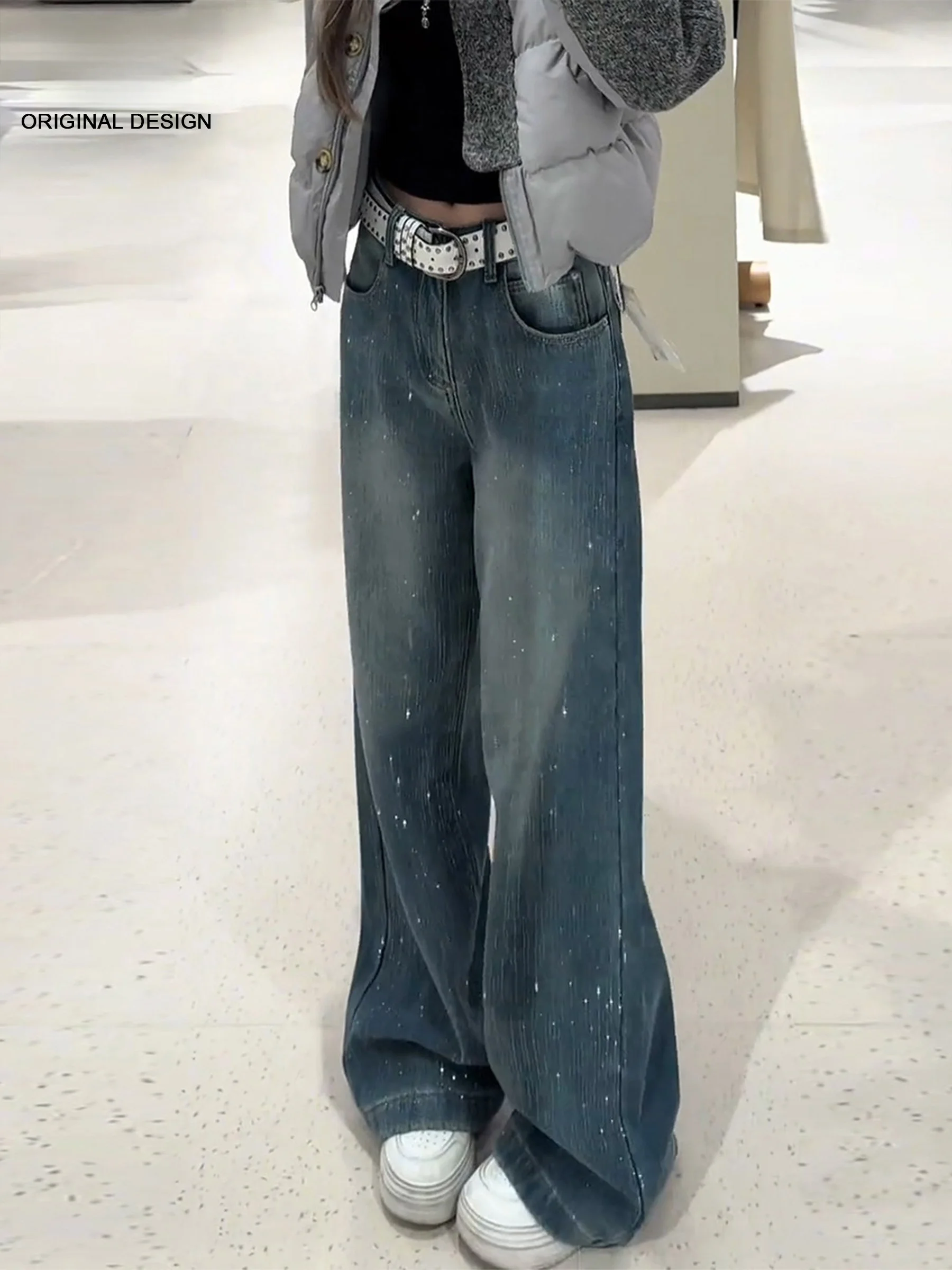 

Джинсы Tianxinghe с блестками, широкие, женские, летние, новые, свободные, стройнящие, в пол, прямого кроя, с высокой талией, повседневные