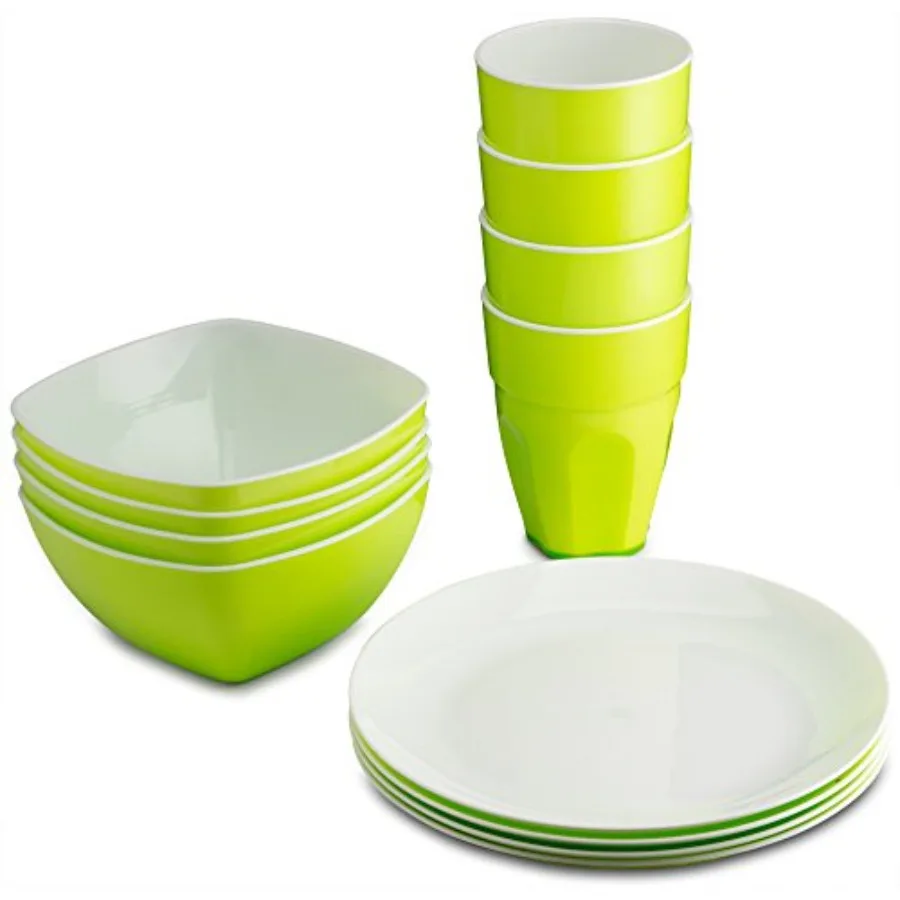 

Reusable Plastic Dinnerware Set 12pcs Ideal For.Fancy Hard Plastic Plates, Bows and Cups In Green Colors Microwaveable and Dish