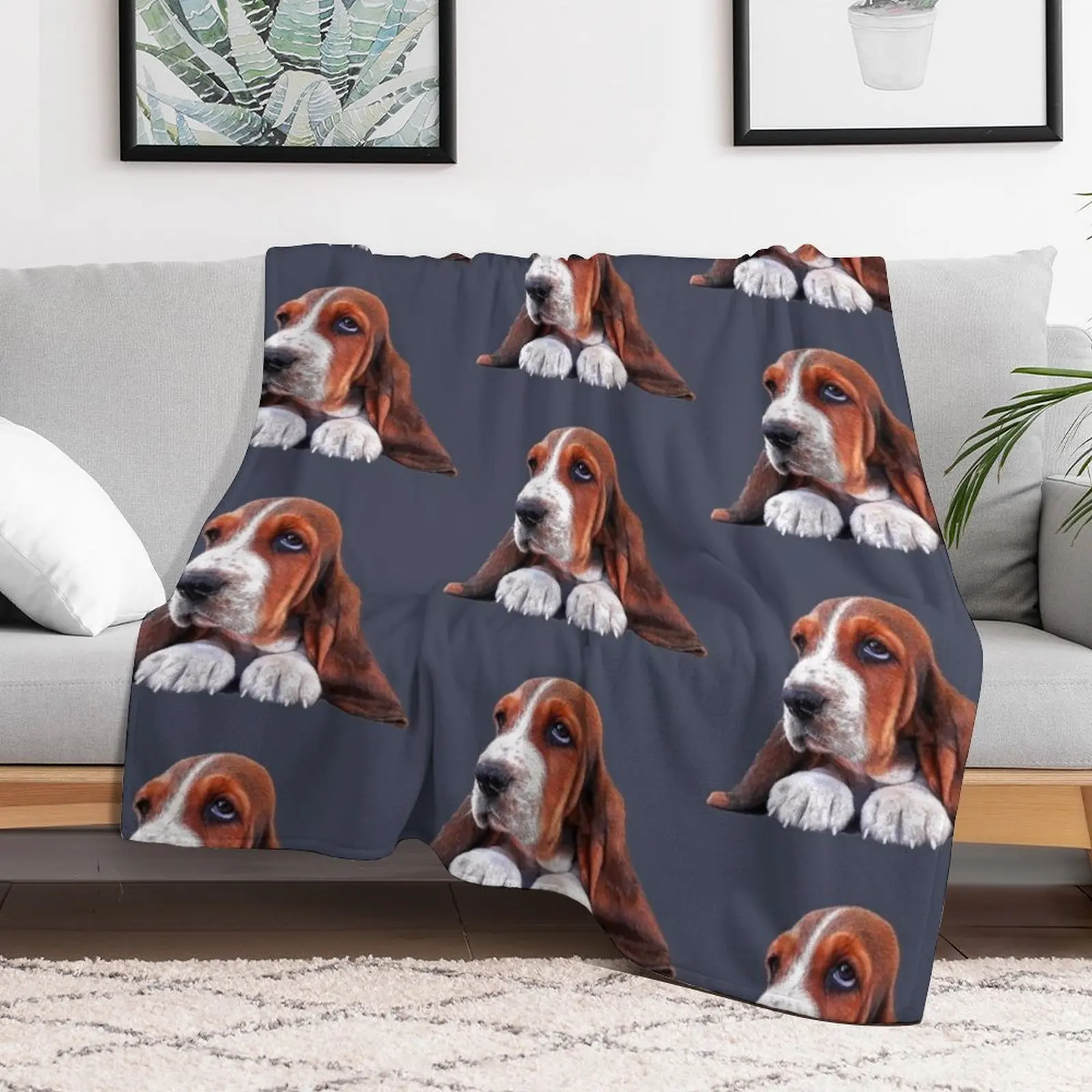 Basset Hound Puppy Dog Throw Blanket Furrys Plaid on the sofa Blankets