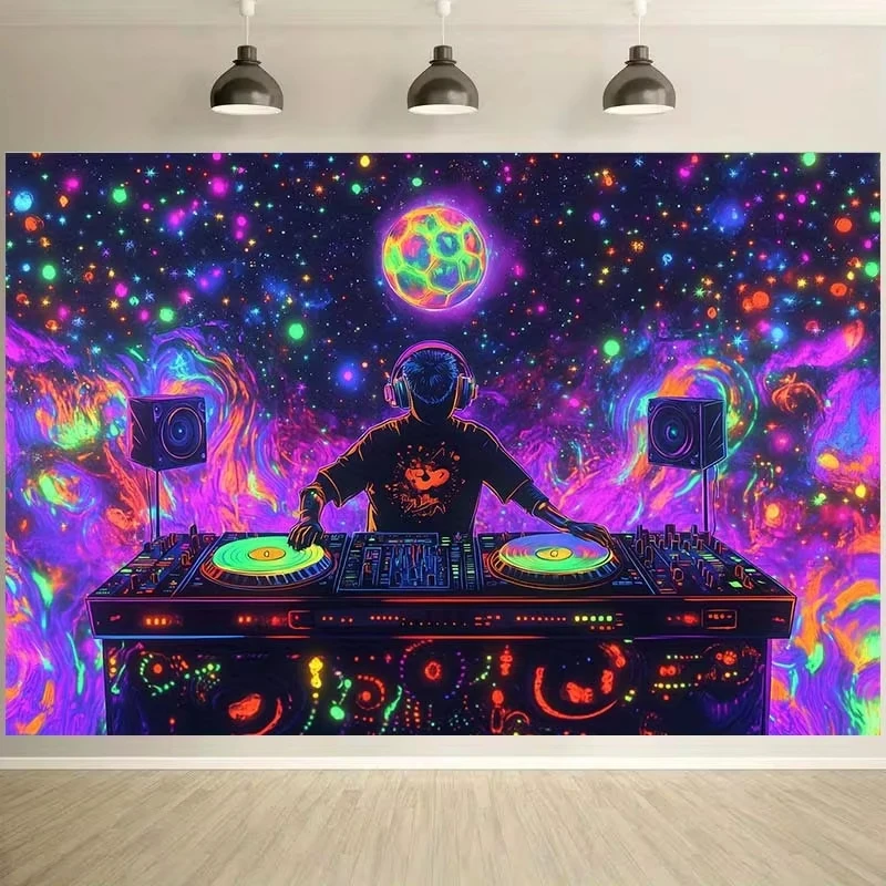 DJ Music Studio Tapestry, Psychedelic Turntable Universe Design for Neon Party Gaming Room Decor