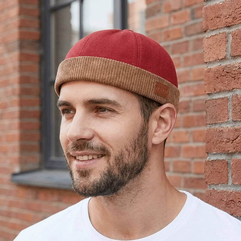 Casual Corduroy Splicing Dome Melon Cap Brimless Adjustable Bucket Cap Beanies Hip Hop Landlord Hat Travel