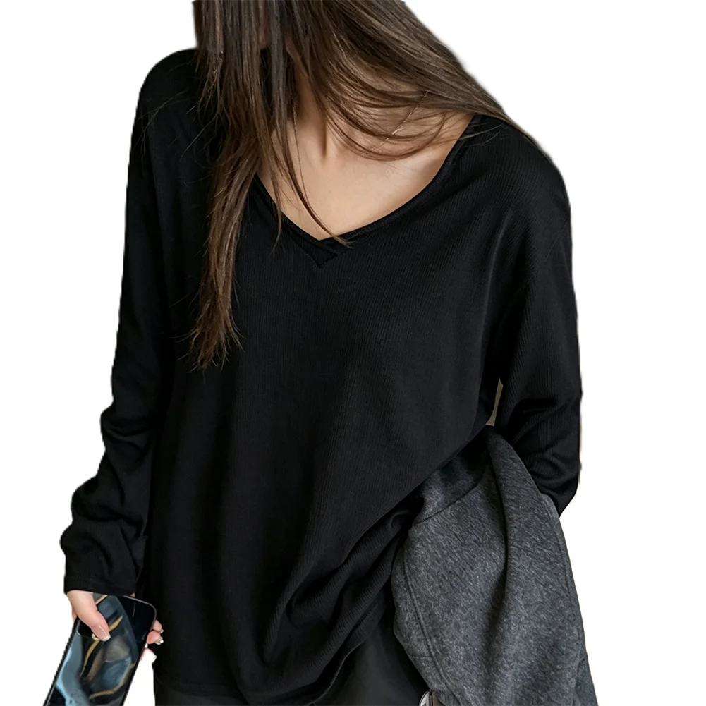 Solid Color Womens V Neck Loose Long Sleeve Polyester T Shirt Four Season Base For Top for Daily Home and Holiday Wear