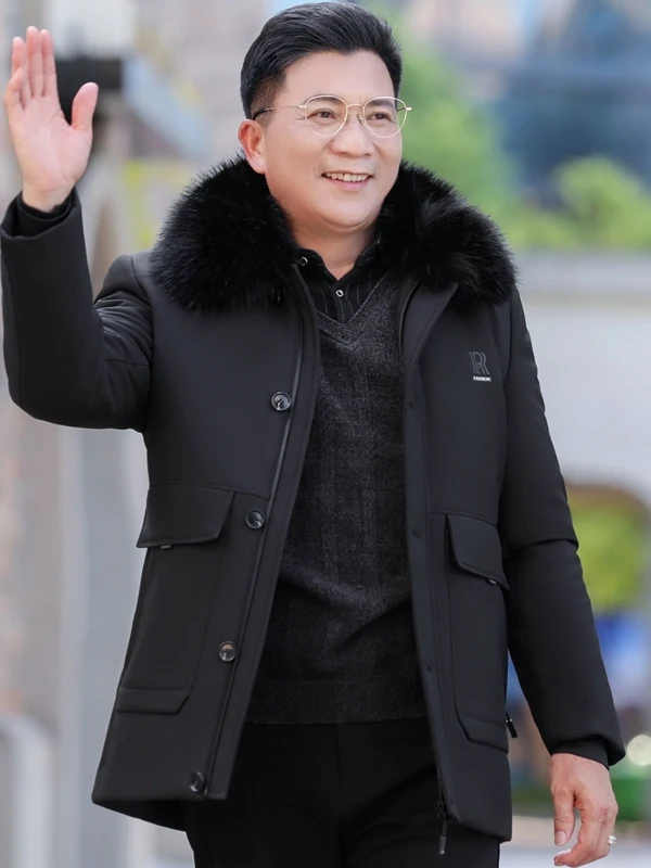 

Men's Thiened Fce Lined Cotton Jaet Autumn Winter Sle Mid-aged Men's Outerwear Casual Faion Polyester Fabric