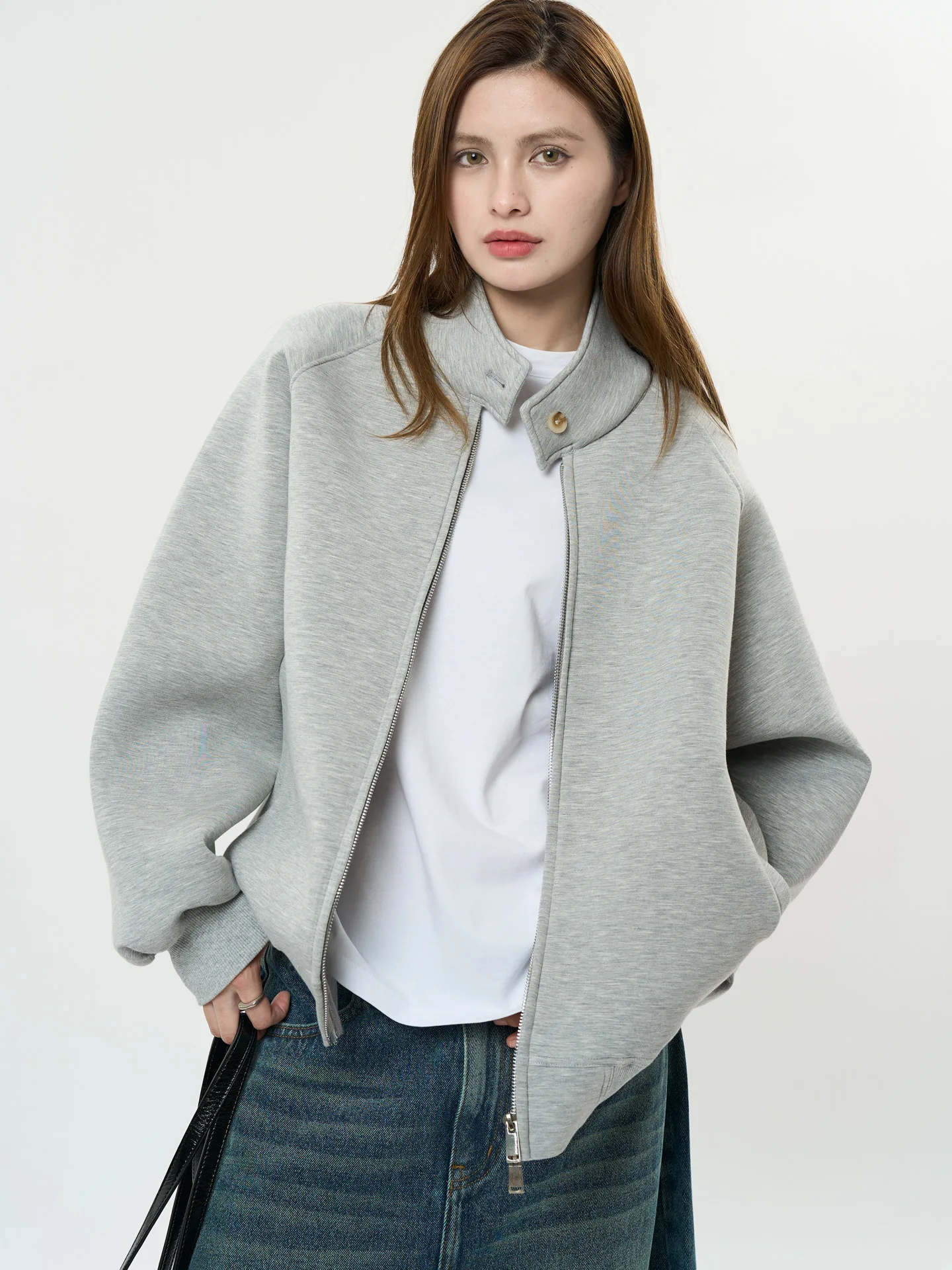 Spring and Autumn Women's Casual Solid Color Stand up Collar Long Sleeve Loose Sweatshirt