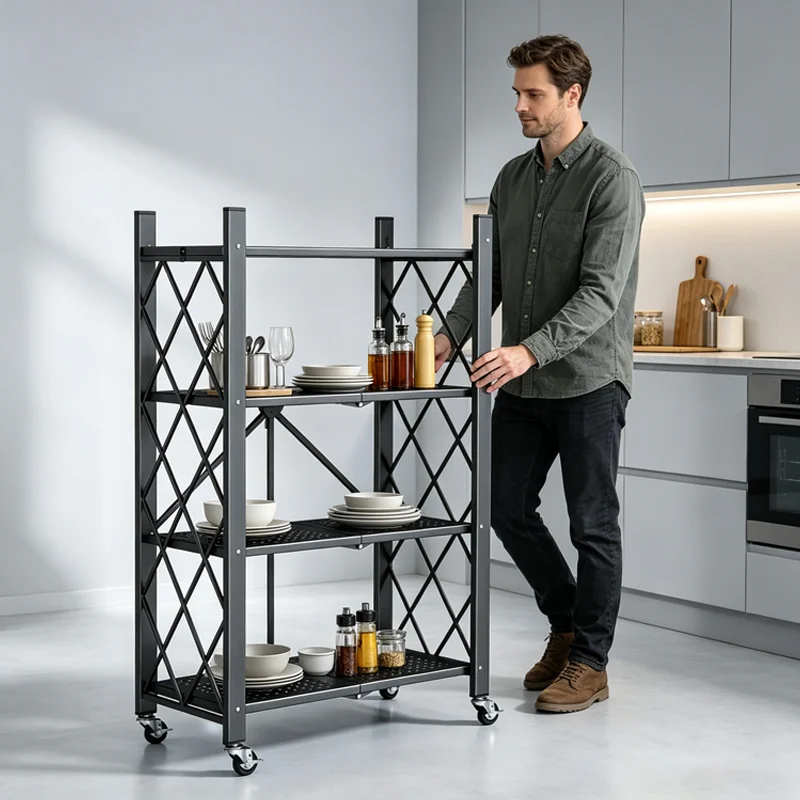 Estante de Almacenamiento Plegable de 3 Niveles con Ruedas Doradas, Organizador de Cocina y Almacenamiento, Estantes para Uso en Restaurantes y Comercios, F