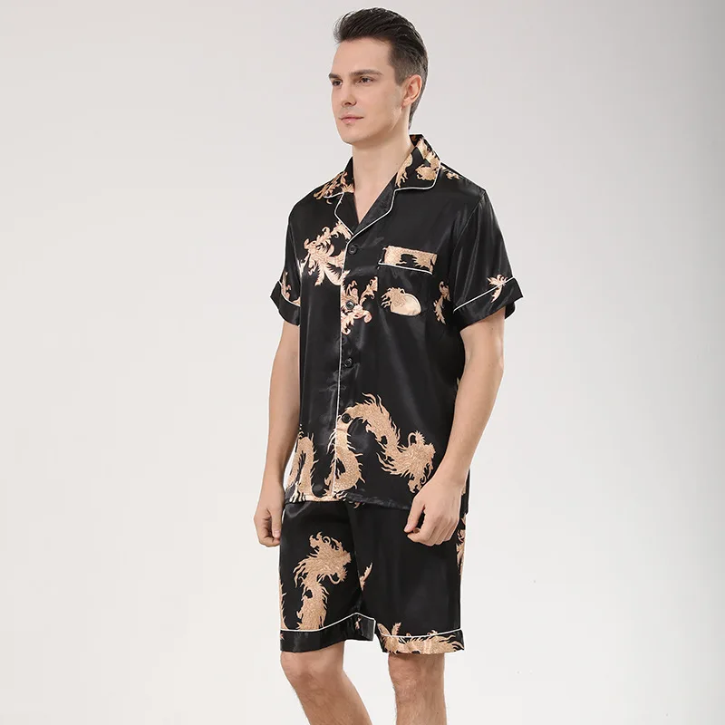 Conjunto de pijama con estampado de dragón azul para hombre, ropa de dormir de satén con cuello vuelto, manga corta, para estar en casa, Verano