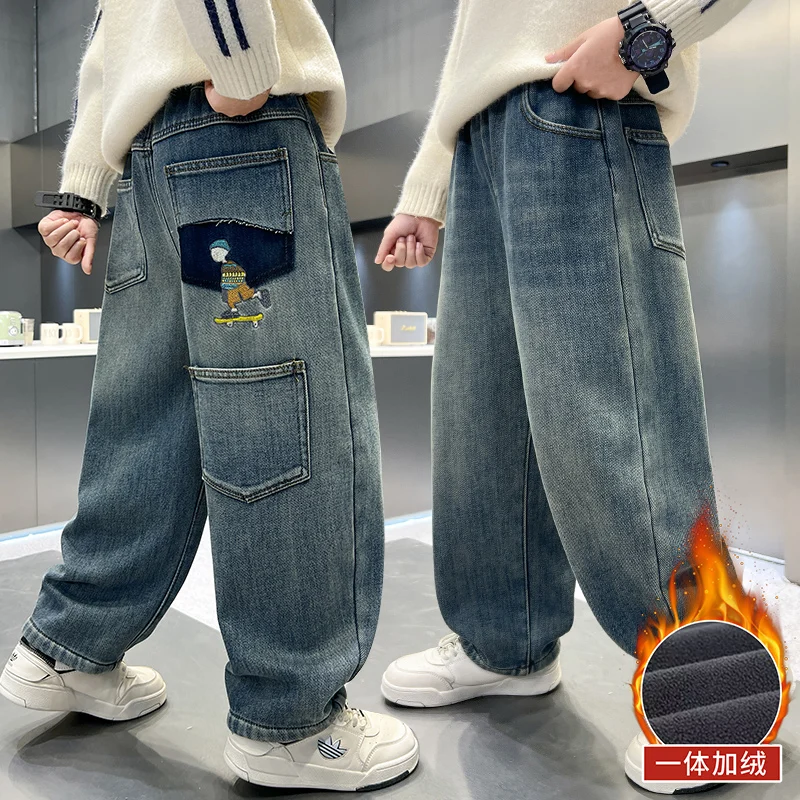 

New Design Kids Baggy Jeans For Elegant Child Straight Fit Jeans Trousers Teenage Boys Casual Fleece Style Cartoon Denim Pants