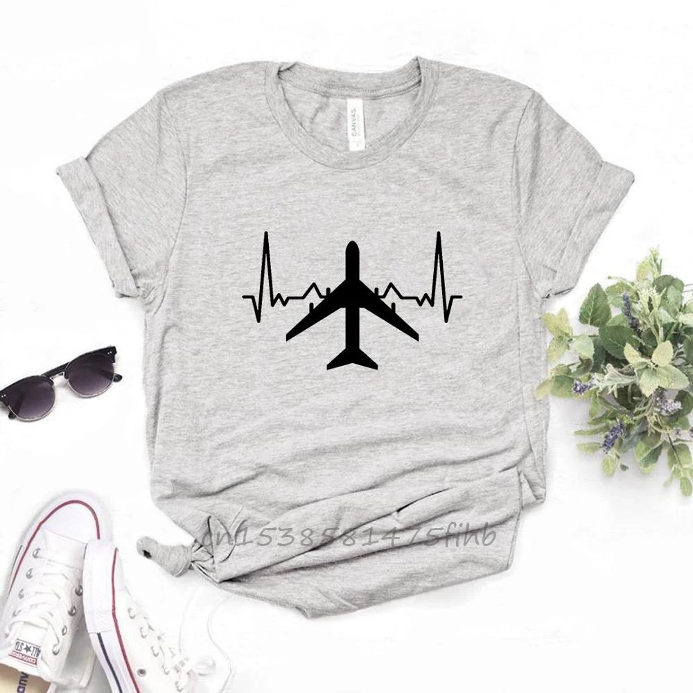 Plane Heartbeat Print Women Tshirt No Fade Premium T Shirt Gift Lady Girl Woman T-Shirts Graphic Top Tee Customize