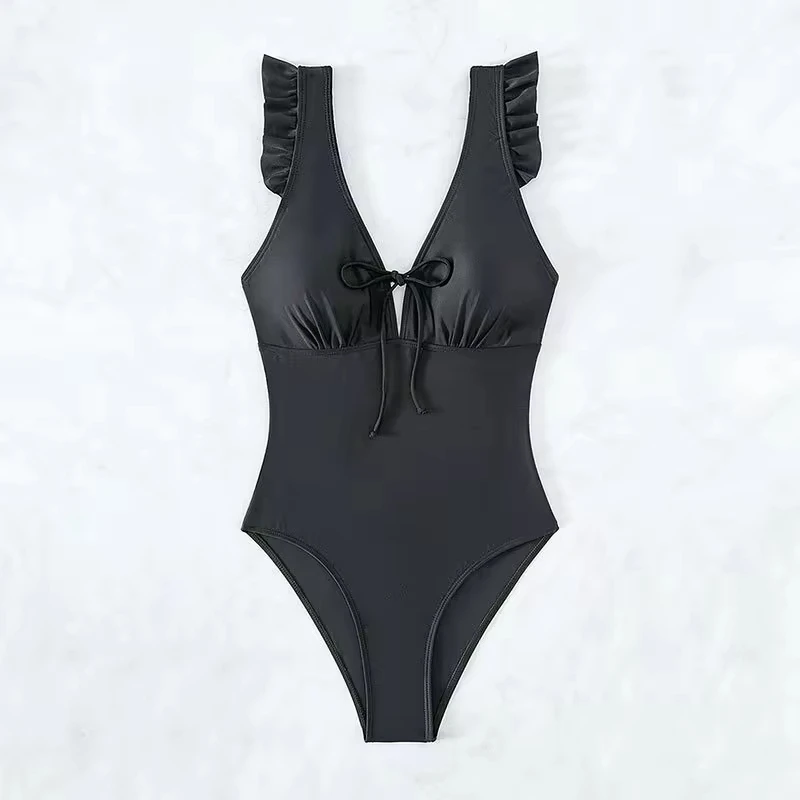 

Black Ruffled Bikini Backless Swimsuit String Bowknot Vacation Swimwears Women Bathing Suit Beach Outfits Bikinis De Mujer