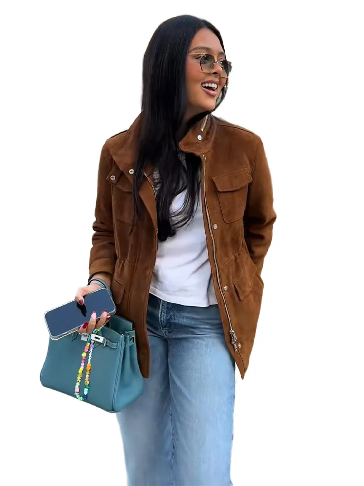 

Весенняя новая женская коричневая куртка, пальто, винтажная искусственная замша с воротником-стойкой, короткая верхняя одежда, повседневная уличная одежда, женская одежда для поездок на работу