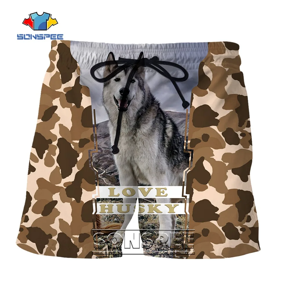 SONSPEE แฟชั่นฤดูร้อน Love Husky พิมพ์3D ชายกางเกงขาสั้น Camouflage Busana Casual Hip Hop บุคลิกภาพ Breathable กีฬา