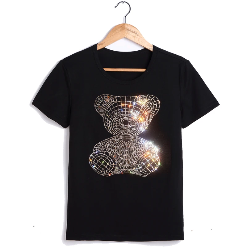 Women's clothing short sleeves t shirts casual top rhinestones bear good quality cotton t-shirts