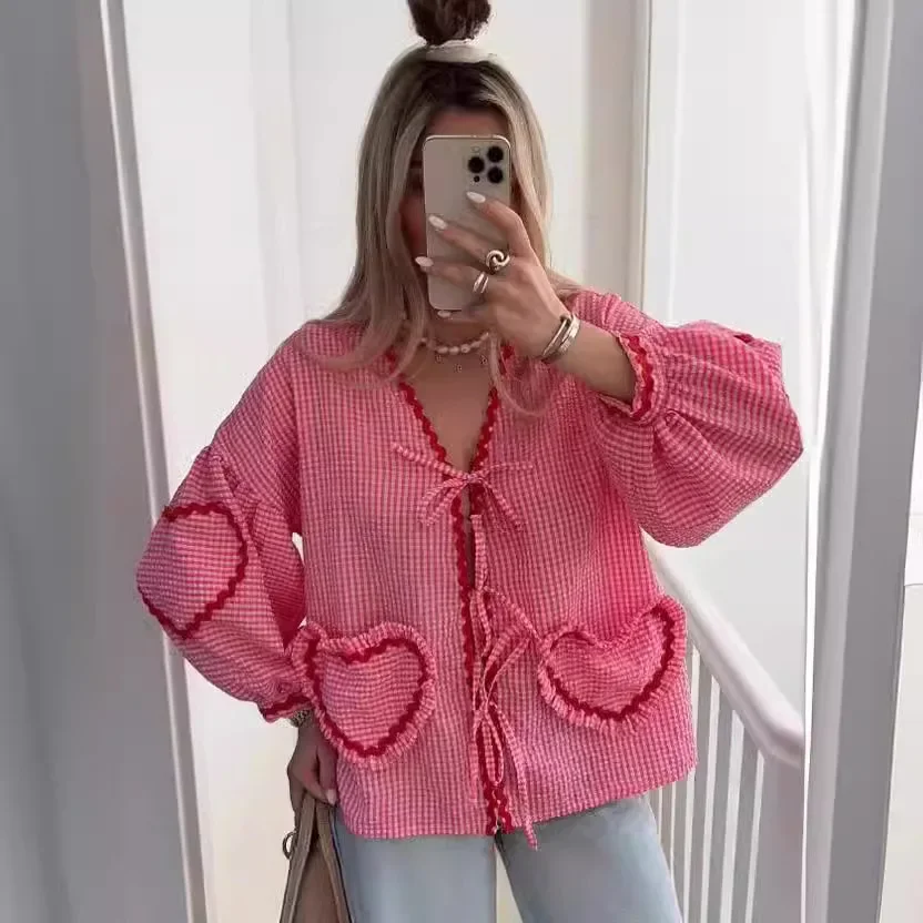 

Spring Summer New Clothing Blouses Color Contrasting Love Women Top Simple Checkered Female Long Sleeve Shirt